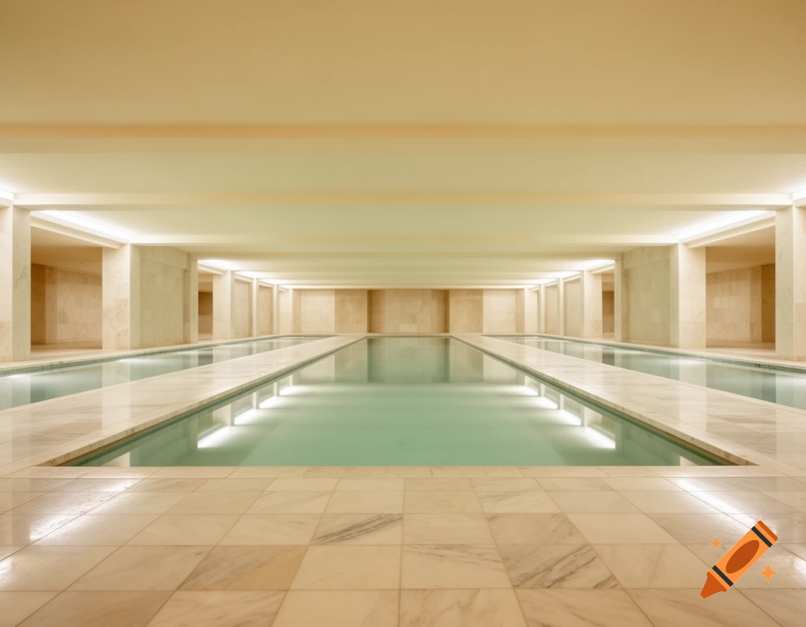 An empty indoor swimming pool area with light-colored marble floors and walls, illuminated by overhead lighting.