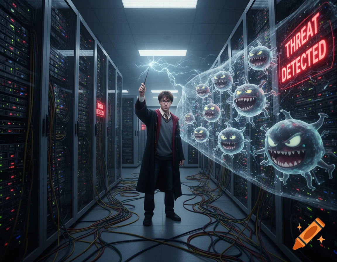 Harry Potter, holding a wand that emits lightning, stands in a server room battling an army of cartoonish computer viruses.