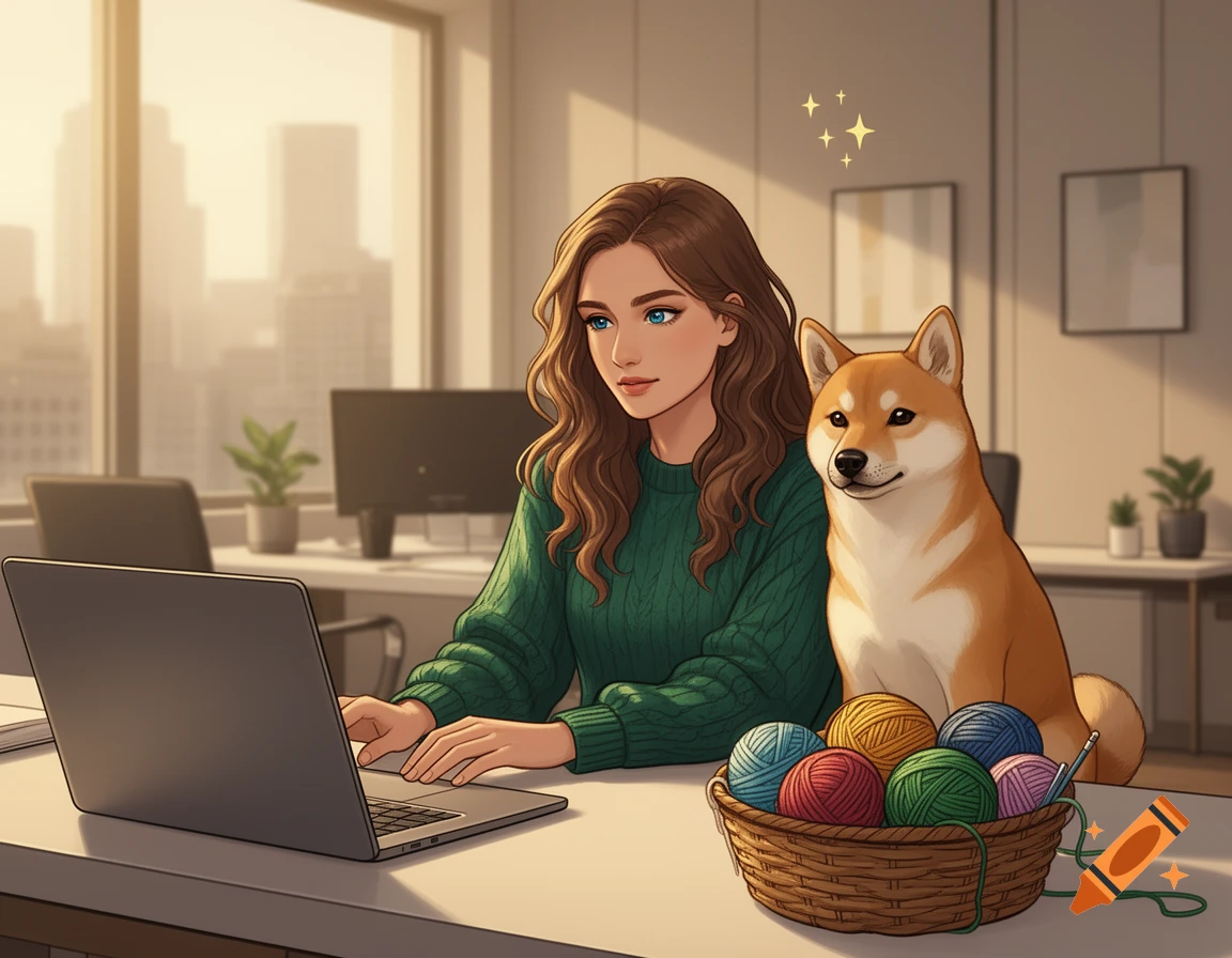 An illustration of a woman with a shiba inu in a modern office, working on a laptop with a basket of yarn.
