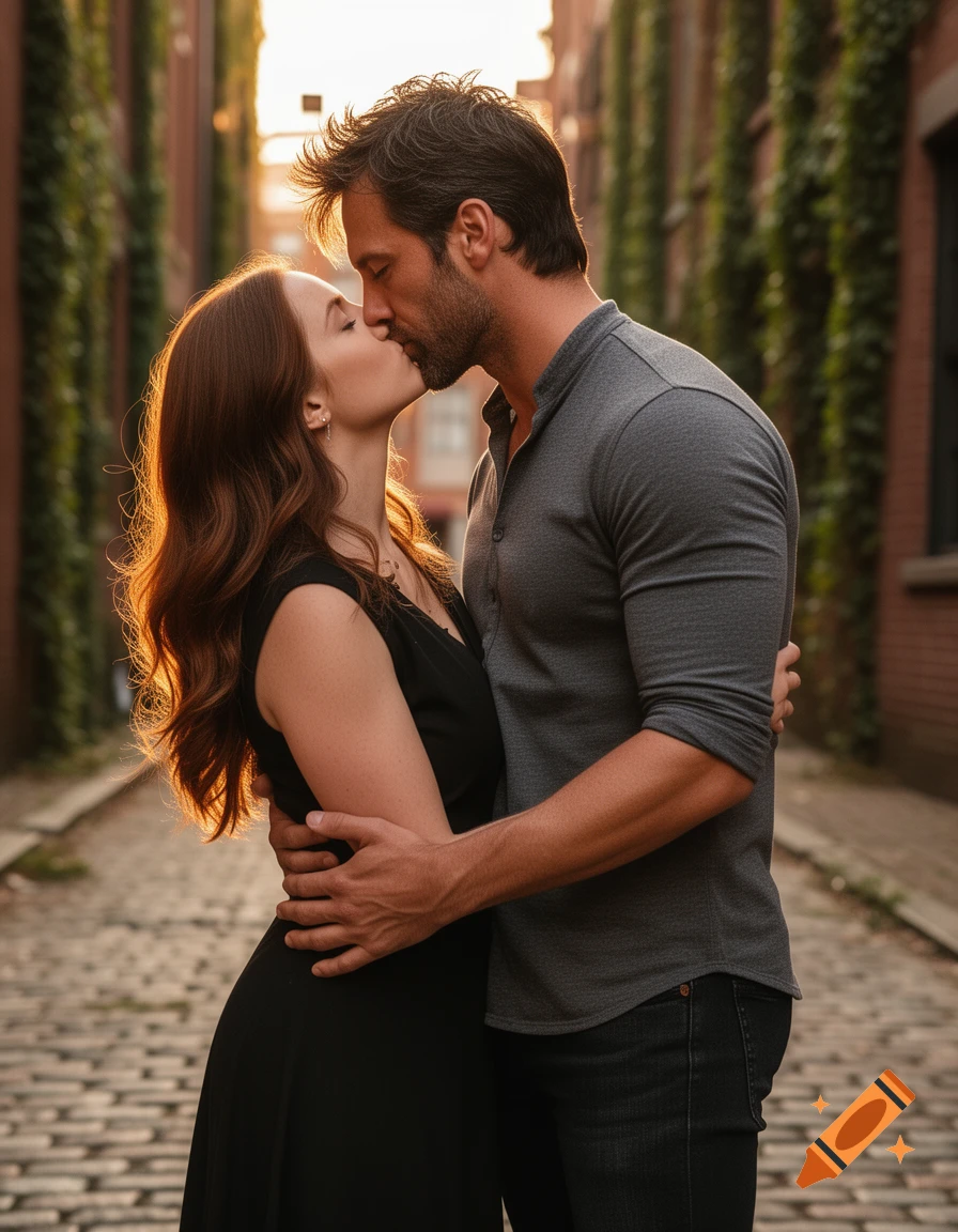 Photorealistic image of a couple kissing in a cobblestone alley, backlit by golden hour sunlight.