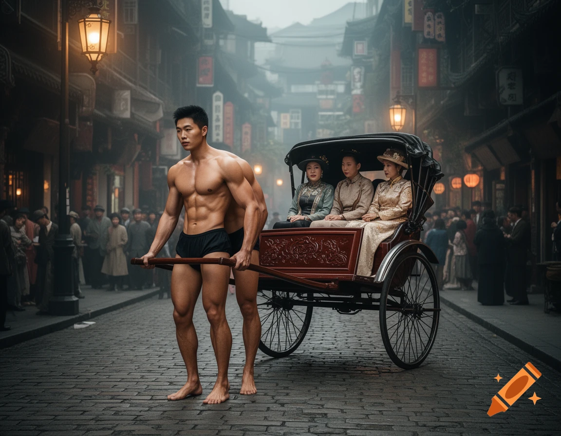 A shirtless, muscular man with multiple arms and legs pulls a rickshaw carrying three women down a foggy, cobbled street in an old Asian city.
