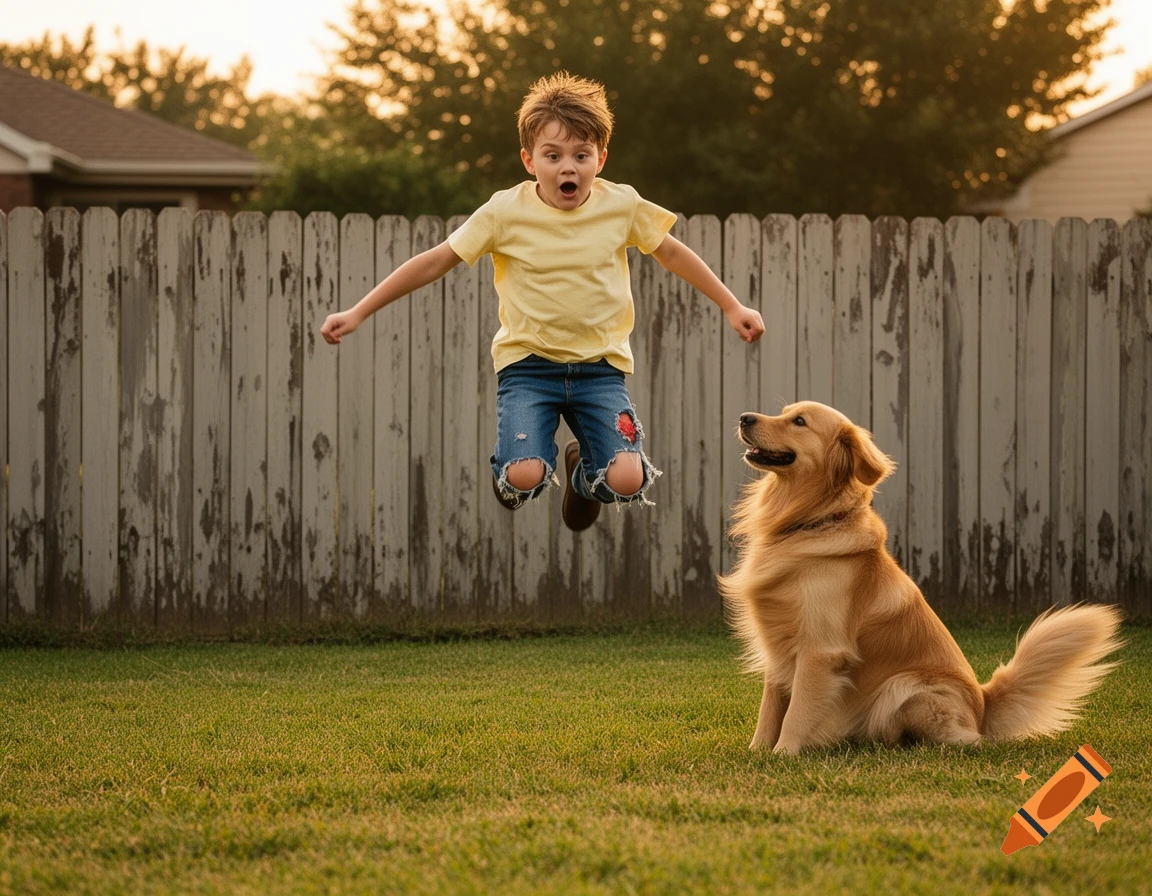 A boy in ripped jeans jumps with an open mouth, looking at a golden retriever in a green backyard with a fence.