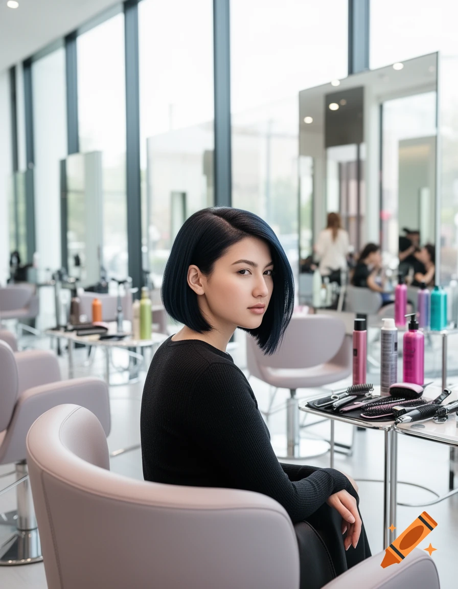 Young woman with a dark asymmetrical bob haircut in a modern hair salon, looking towards the camera.