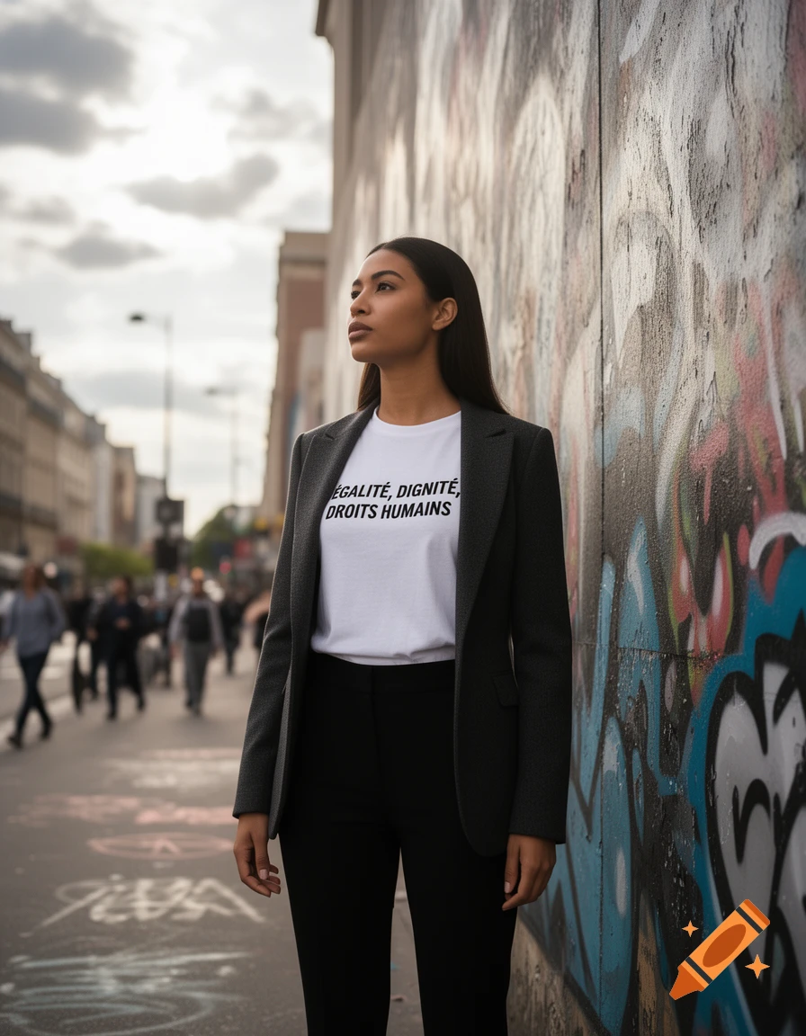 A woman in a blazer and a t-shirt with text "ÉGALITÉ, DIGNITÉ, DROITS HUMAINS" stands next to a graffiti wall in an urban setting.