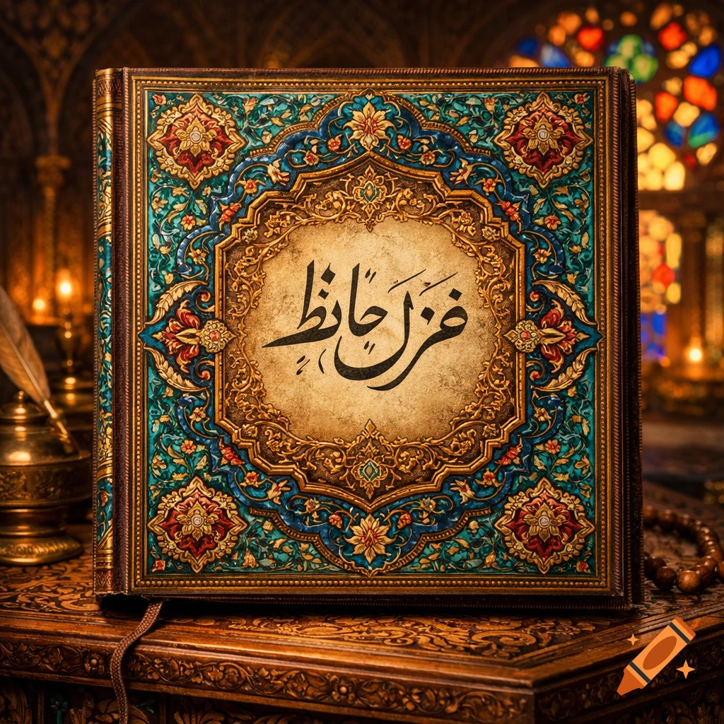 An ornate antique book with a turquoise, gold, and red patterned cover featuring Arabic calligraphy 'غزل حافظ', on a carved wooden table.