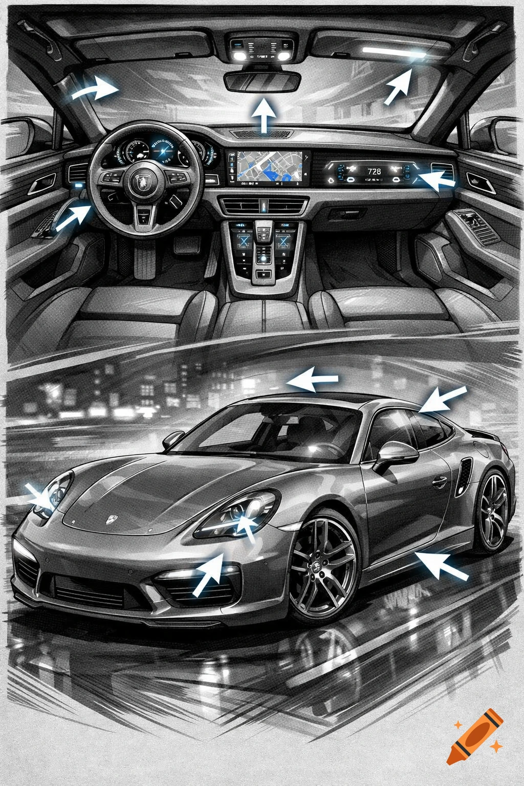 Stylized graphic of a modern grey sports car, showing its exterior on a blurred city street and a detailed interior with glowing screens and arrows.