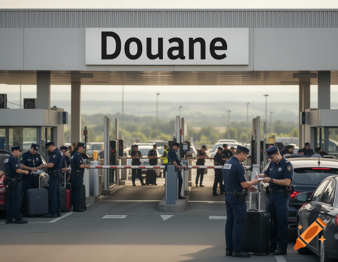 Customs officers checking luggage and cars at a border crossing under a sign reading 'Douane' in a photorealistic style.