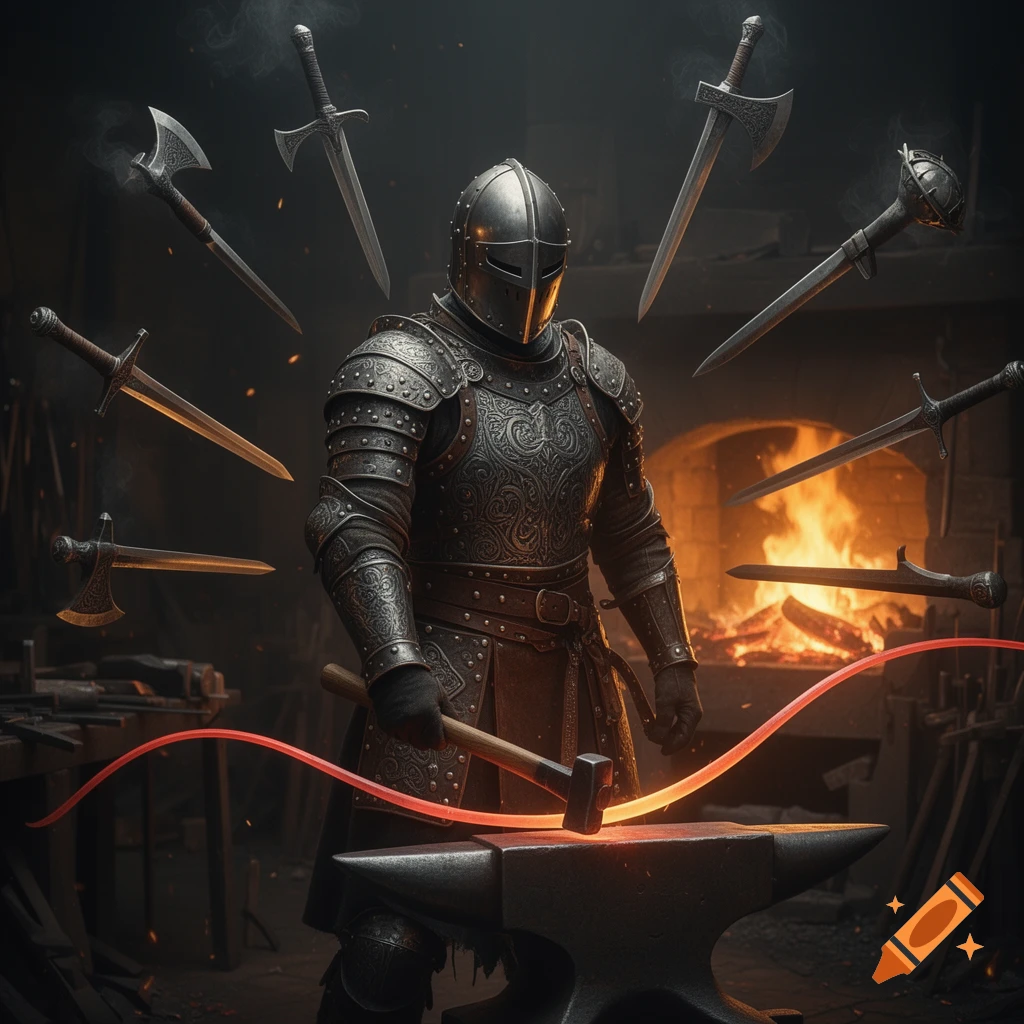 A masked knight in ornate armor hammers a glowing metal bar on an anvil in a dark forge, surrounded by floating medieval weapons.