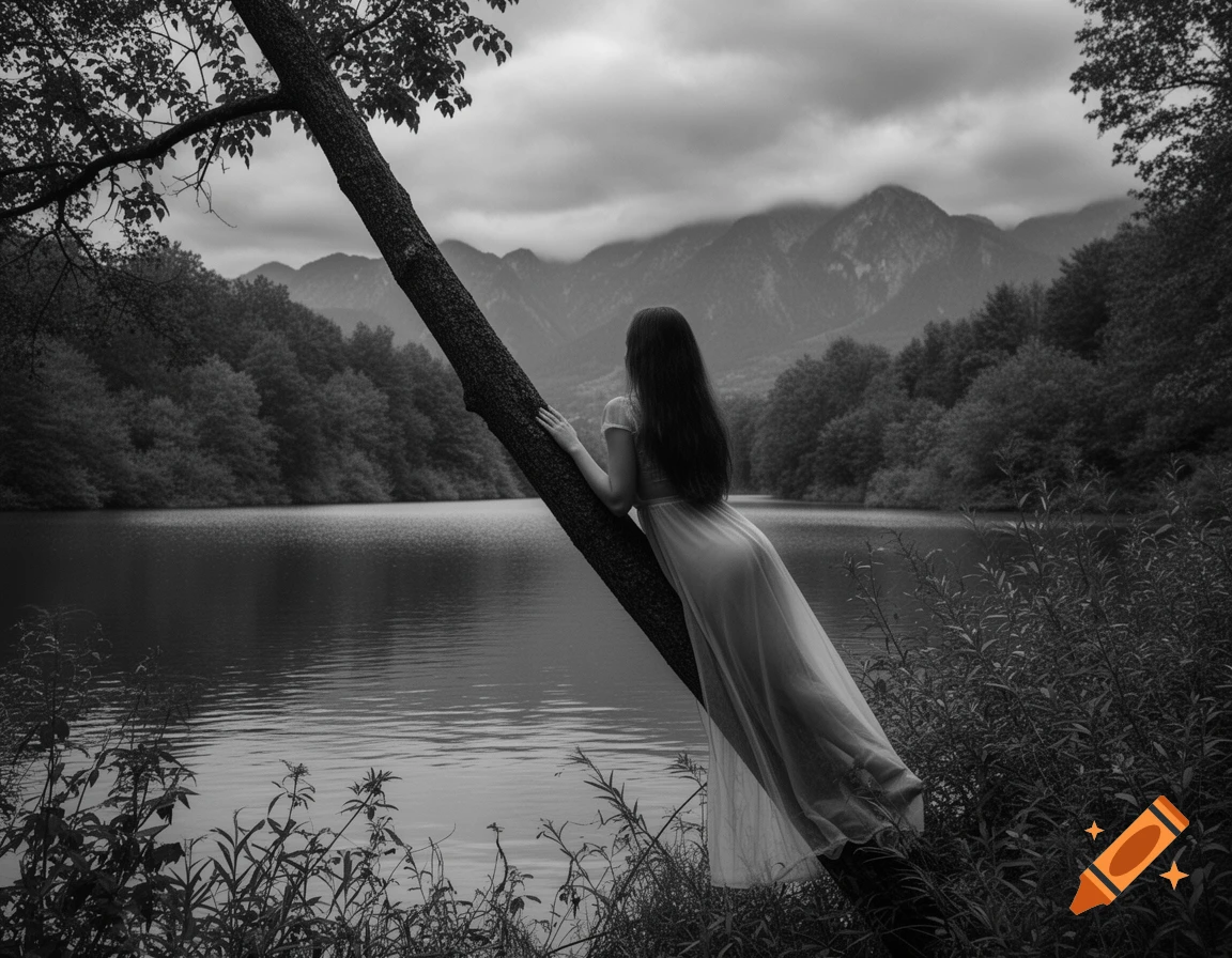 Black and white photorealistic image of a woman in a sheer dress leaning on a tree overlooking a serene lake with mountains in the background.