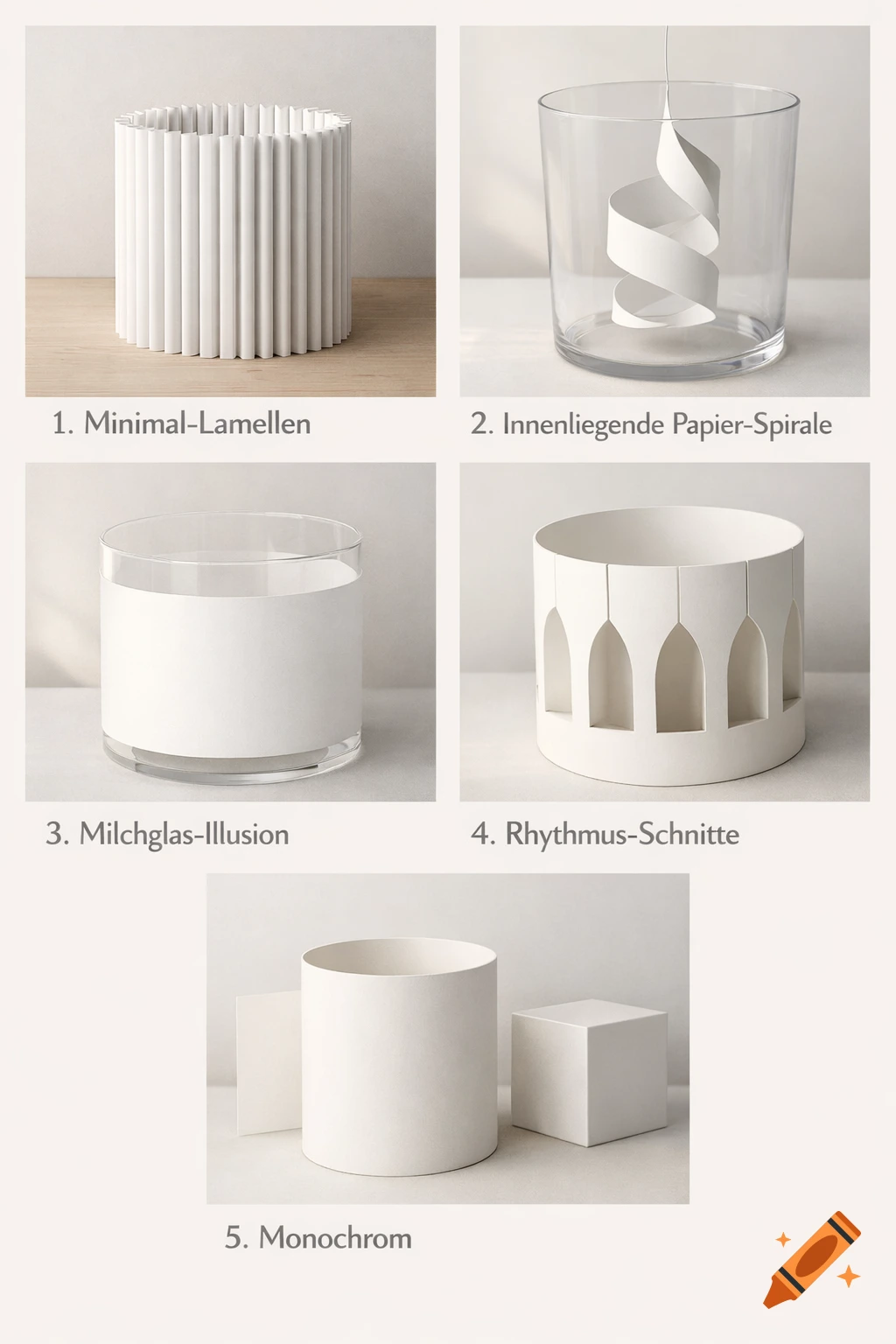 Five white minimalist paper craft designs arranged in a grid on a light background, each labeled in German.