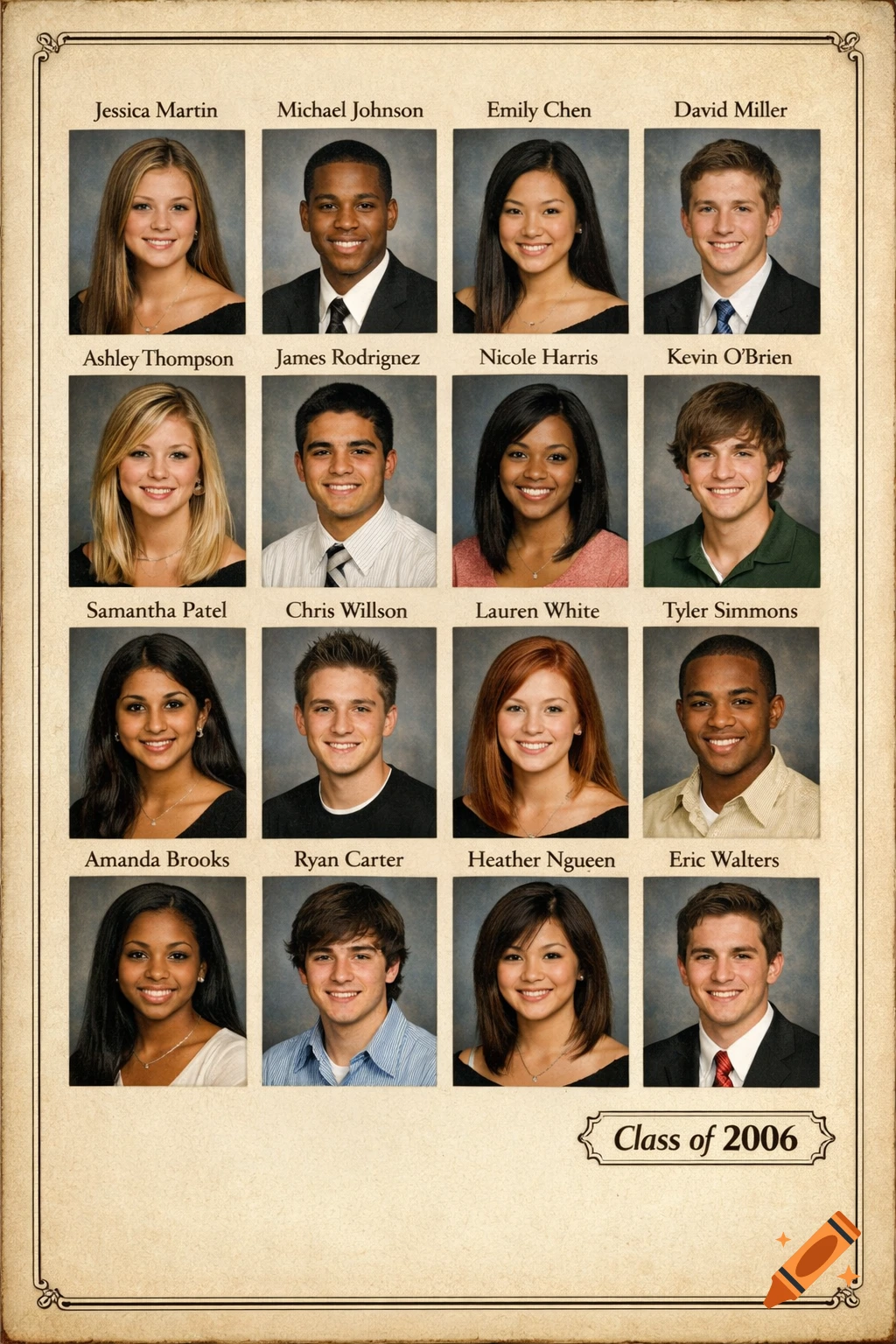 A scanned vintage yearbook page from 2006 featuring 16 headshots of smiling students with their names printed below.