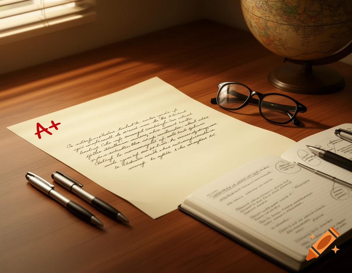 A photorealistic image of a wooden desk with a paper graded A+, a notebook, two pens, reading glasses, and a globe, illuminated by light from a window.