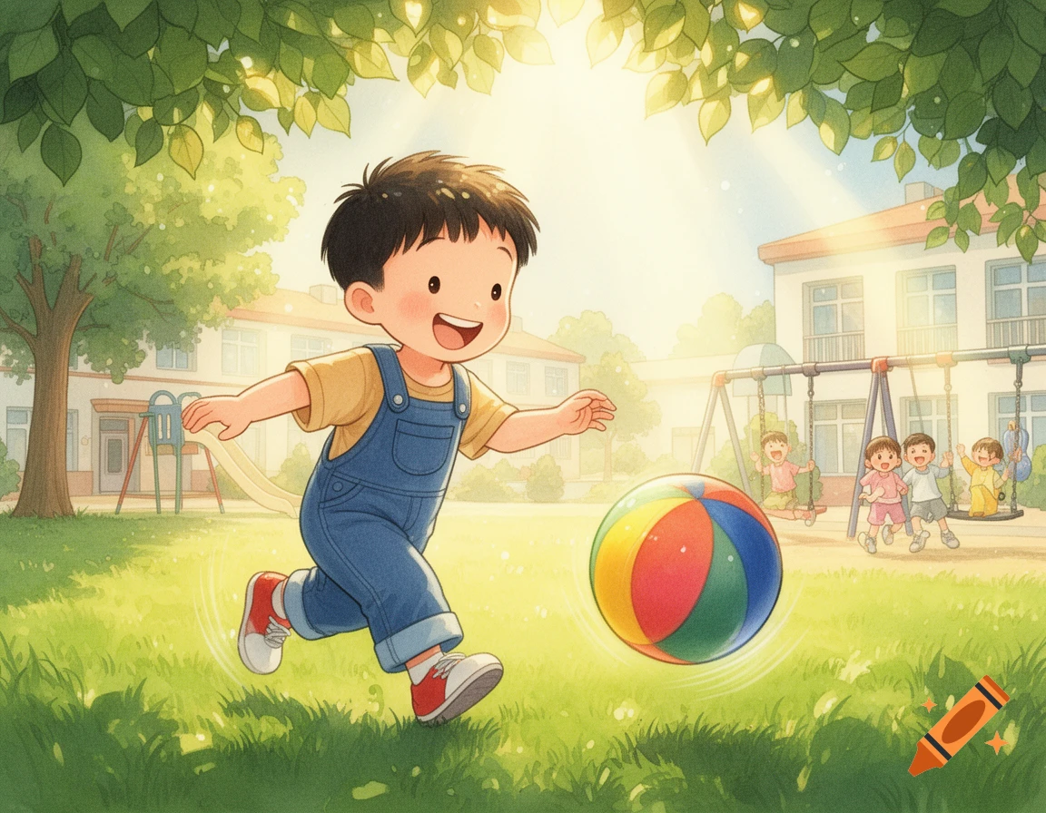 Lsj Cartoon A happy cartoon boy in blue overalls plays with a colorful ball in a ...