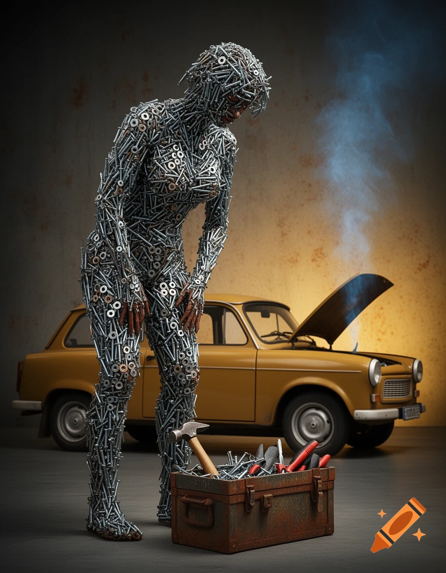 A hyper-realistic female figure made of metal screws and washers stands next to a vintage yellow car with an open hood, contemplating a toolbox.