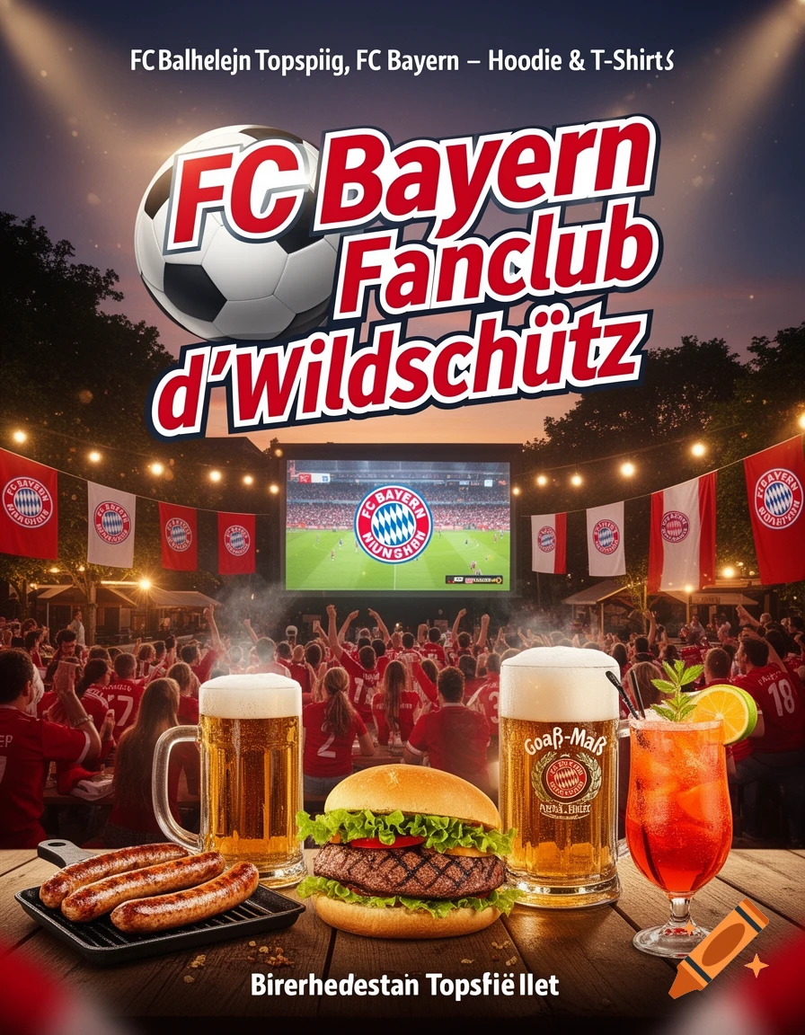 A poster advertising an FC Bayern Fanclub public viewing event, featuring a football, team banners, a large screen showing a match, a crowd of fans, sausages, a hamburger, beer mugs, and a cocktail on a wooden table.
