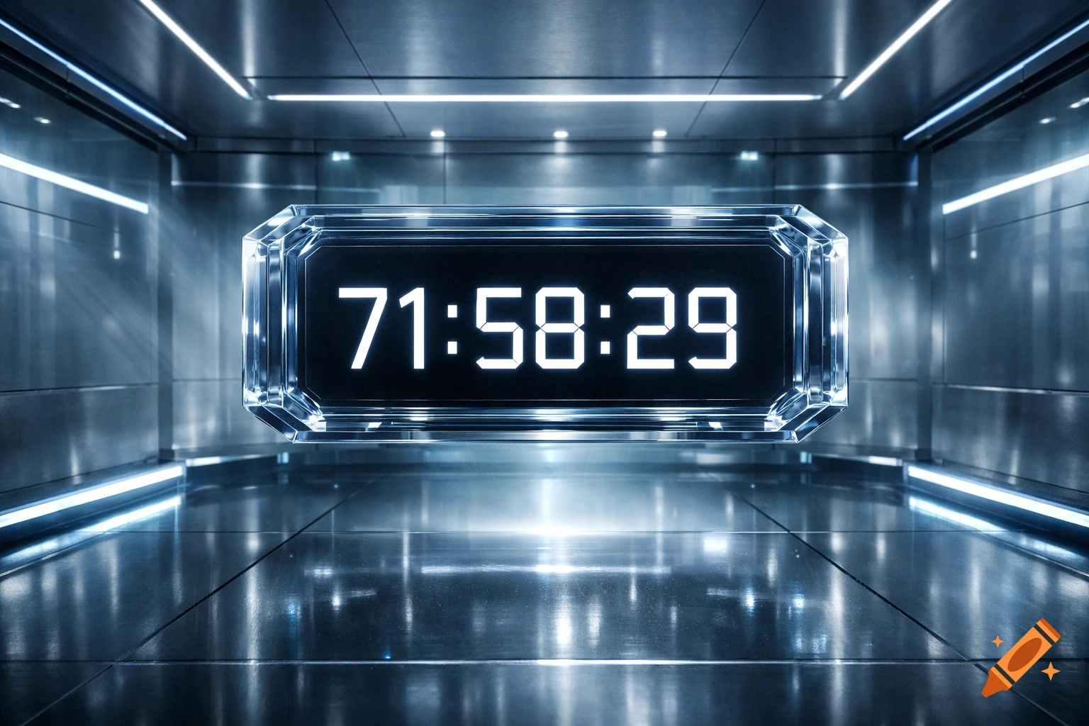 Digital timer displaying 71:58:29 in a glowing, futuristic metallic room.
