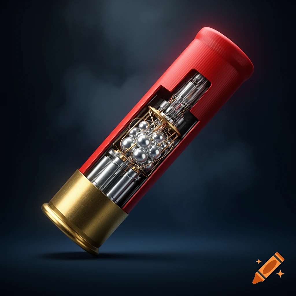 A photorealistic cutaway view of a red and gold shotgun shell revealing a complex, spherical metallic mechanism with wiring inside.