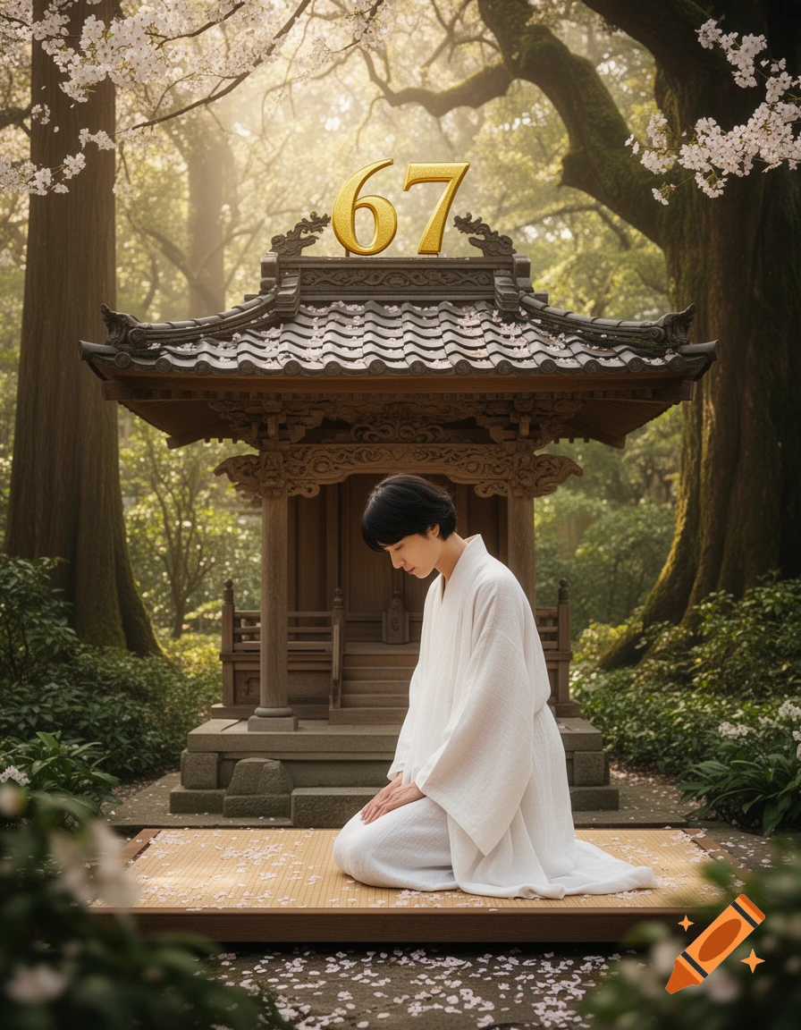 A person kneels in prayer before a traditional shrine with the number 67 in a lush forest with cherry blossoms.