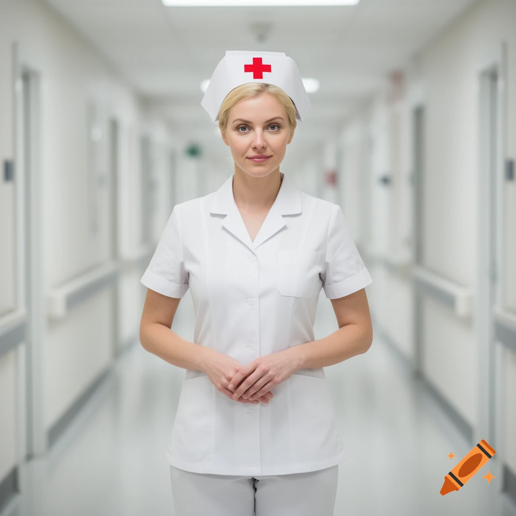 A blonde nurse in a white uniform and a hat with a red cross stands in a hospital hallway, photorealistic.