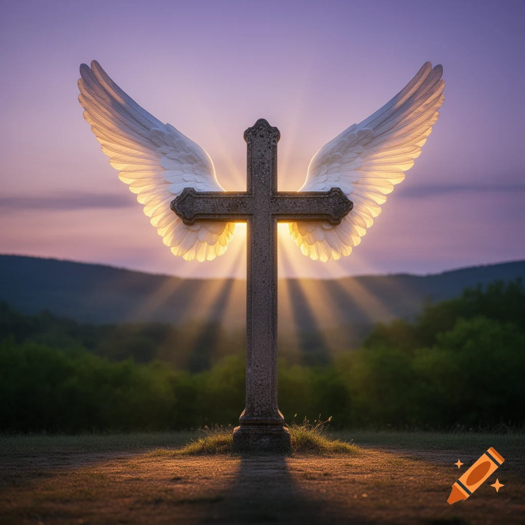 A stone cross with glowing white angelic wings, silhouetted against a purple and orange sunset over a forested landscape.