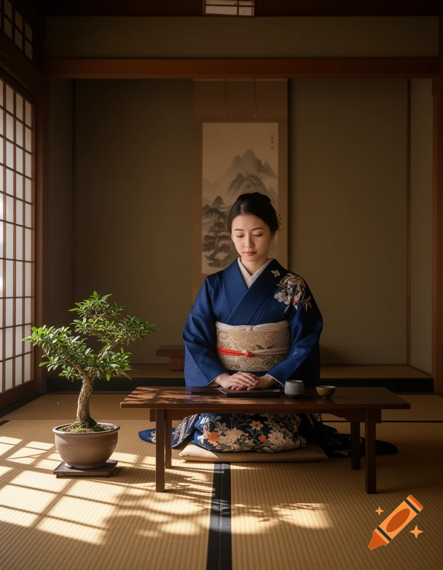 A photorealistic image of a woman in a blue kimono meditating in a traditional Japanese room with a bonsai tree and screen window.