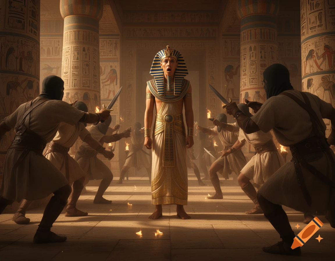 An Egyptian king in a golden and blue headdress is surrounded by masked assassins wielding daggers in a grand palace.
