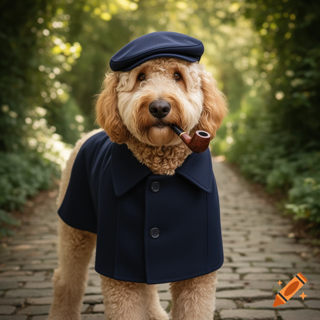 A Goldendoodle dog wearing a navy coat and flat cap, holding a pipe, stands on a cobblestone path.
