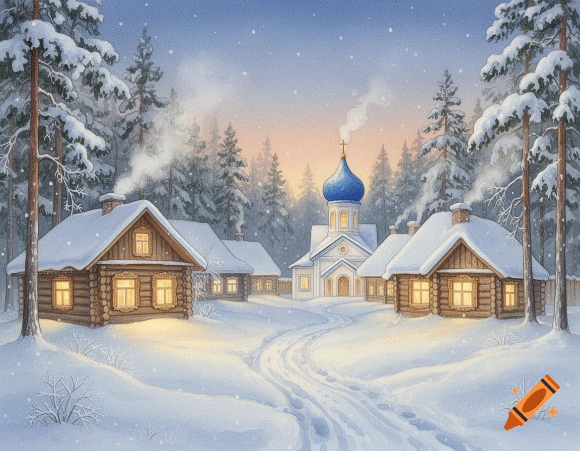 A watercolor illustration of a cozy winter village with snow-covered wooden houses, a blue-domed church, and pine trees under soft snowfall.