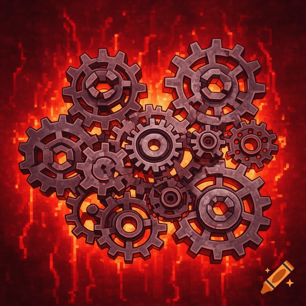 Minecraft style gears over a glowing, pixelated redstone background.