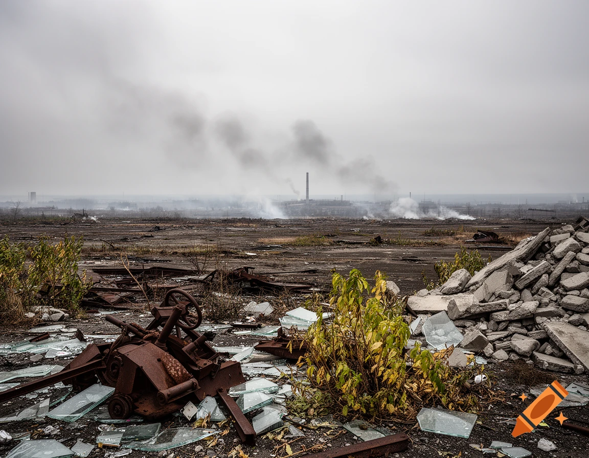 A desolate, smoggy industrial wasteland filled with debris, broken glass, and rusty machinery under a gray sky.