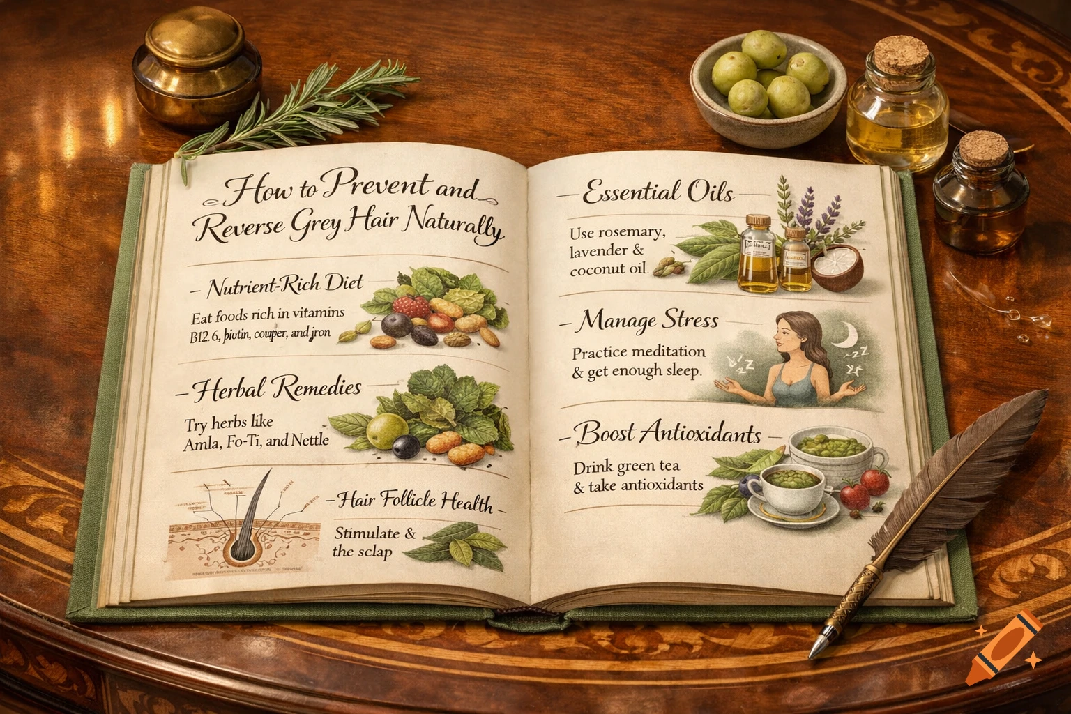 An open book displaying an infographic on "How to Prevent and Reverse Grey Hair Naturally" with illustrations of herbs, essential oils, a meditating woman, and a hair follicle, on a wooden table with brass pots and fresh herbs.