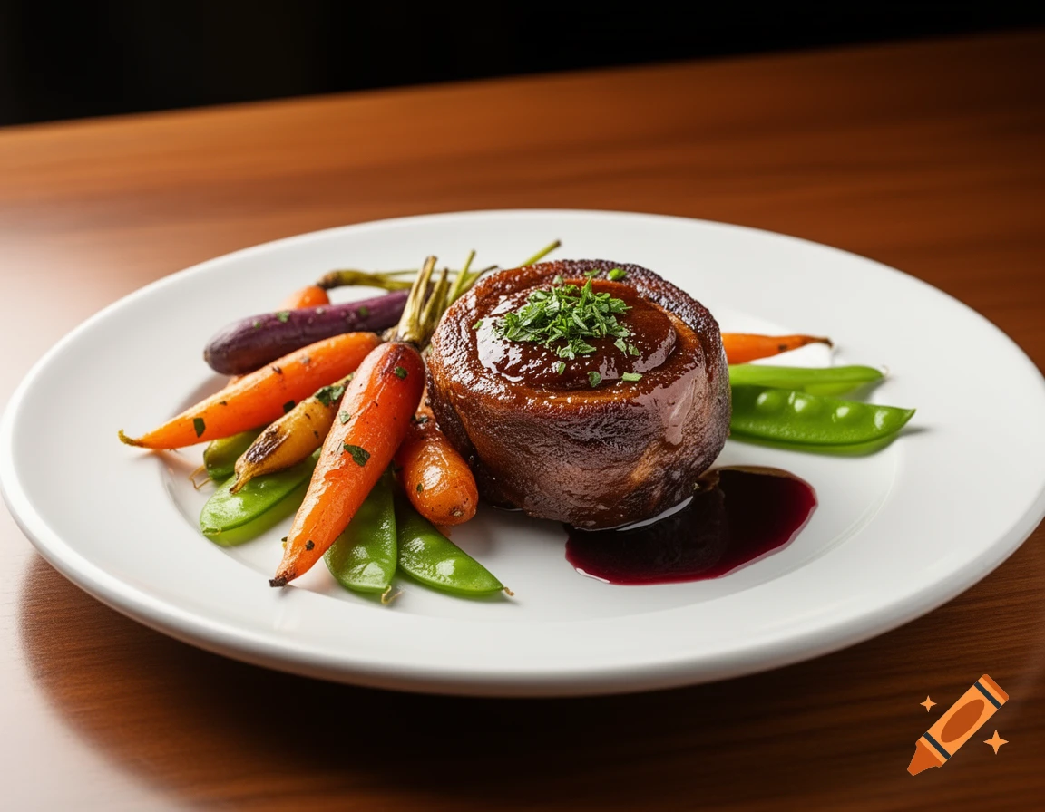 A gourmet dish featuring a perfectly braised beef cheek with sauce, topped with herbs, served alongside roasted carrots and snap peas on a white plate.