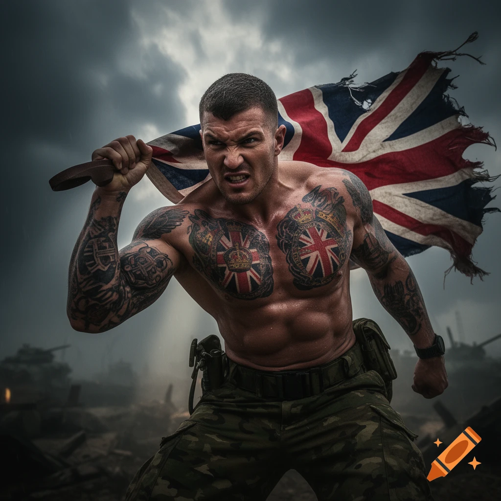 A muscular, shirtless man with chest tattoos of the Union Jack holds a tattered British flag on his shoulder, snarling aggressively in a war-torn landscape under stormy skies.