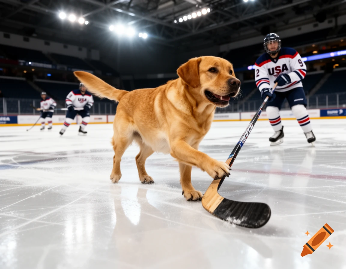 A golden Labrador retriever on an ice rink, holding a hockey stick in its paw, with USA hockey players in the background. Photorealistic.