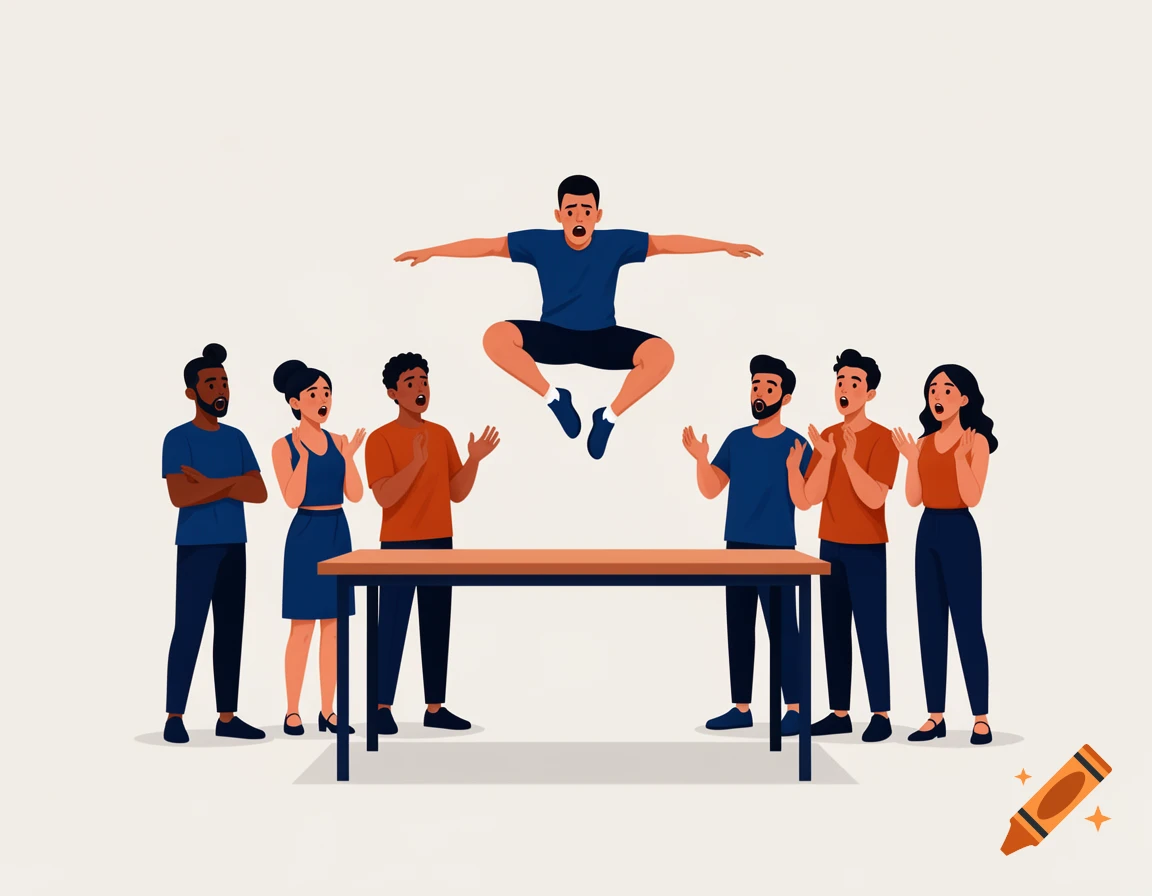 An illustration of a man jumping over a table, surrounded by six ...