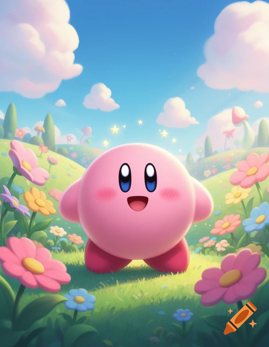A cheerful pink Kirby stands in a vibrant, flower-filled meadow under a blue sky, in a cartoon style.