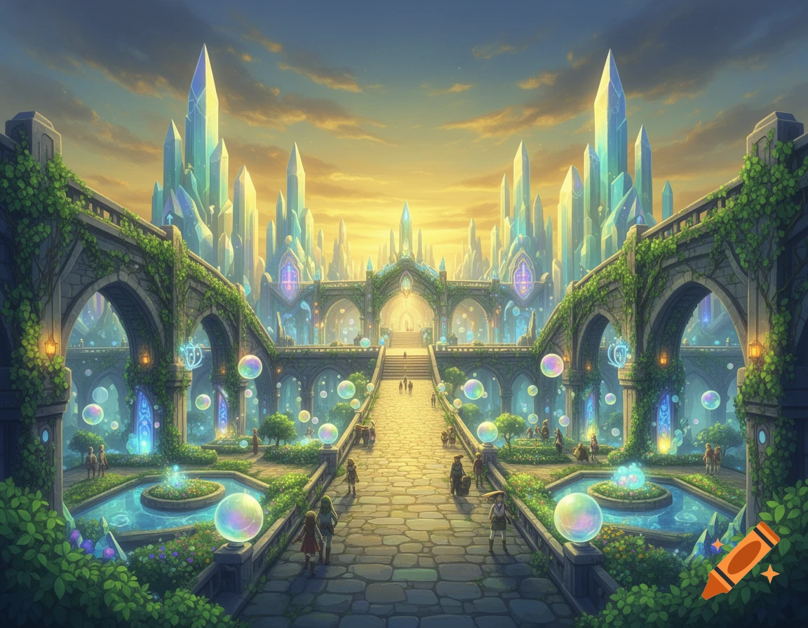 Vibrant fantasy city with crystal spires, vine-covered arches, and a ...