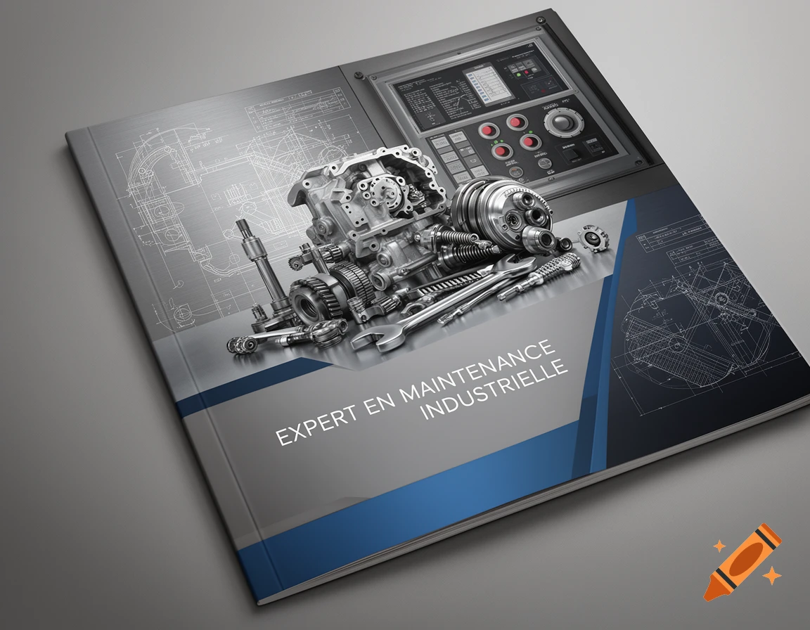 Brochure cover with disassembled industrial machine parts, tools, blueprints, and a control panel on a grey and blue background, photorealistic style.