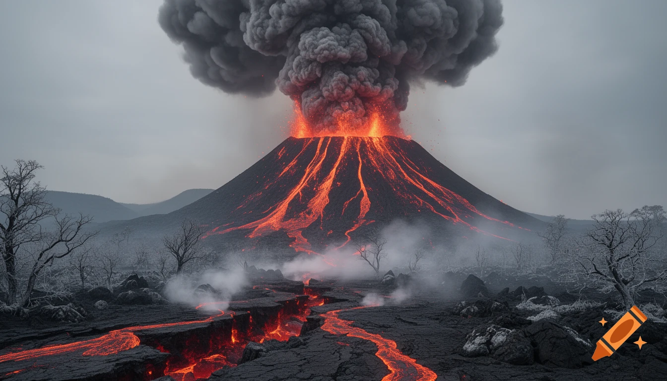 A powerful volcanic eruption with bright orange lava flowing down its dark slopes and thick grey smoke in the sky.