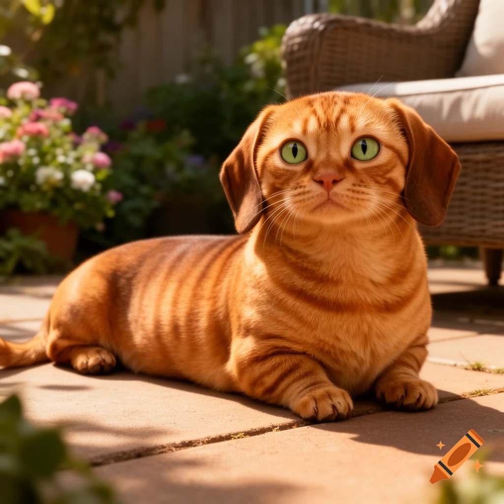 A photorealistic ginger cat with green eyes and dog ears on a dachshund body lies on a sunny patio in a garden.