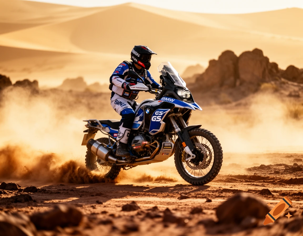 A motorcyclist in blue and white racing gear rides a BMW GS adventure bike, kicking up dust in a vast, sunlit desert landscape with sand dunes.