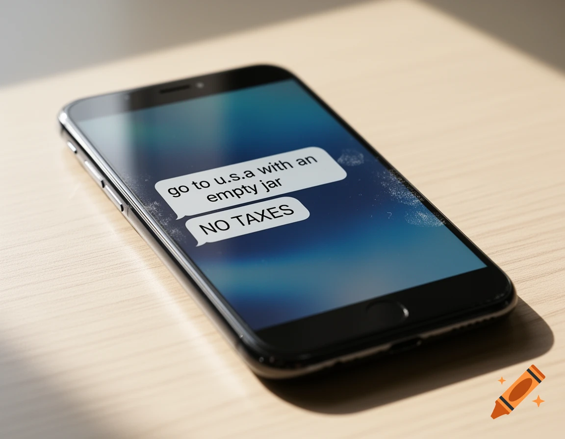 A close-up of a smartphone displaying text messages 'go to u.s.a with an empty jar' and 'NO TAXES' on a wooden surface.