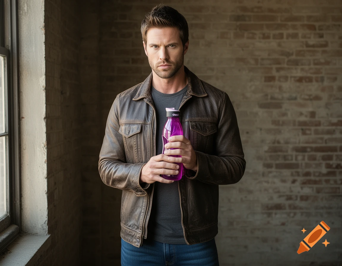 A man in a brown leather jacket holds a purple Owala water bottle, standing indoors.