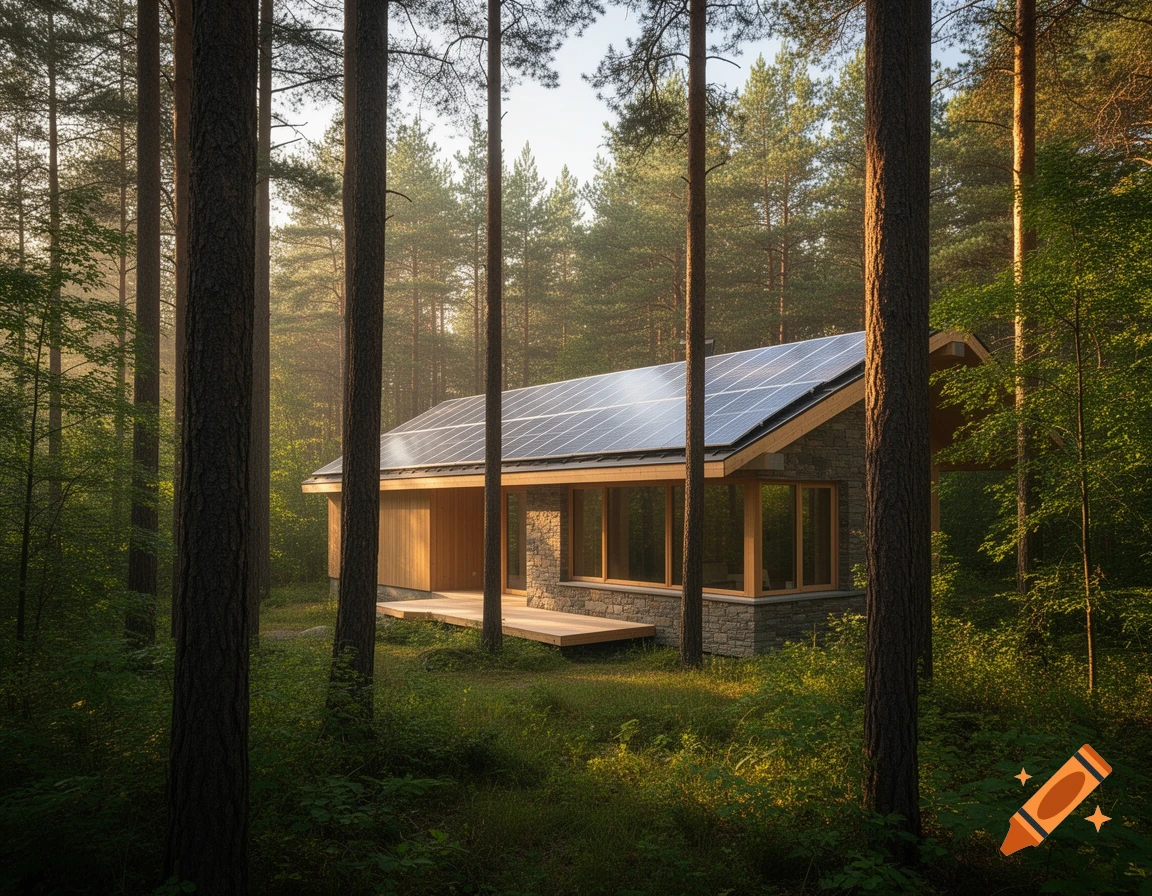 A modern ecological house with solar panels on its roof, nestled in a pine forest, bathed in morning light.