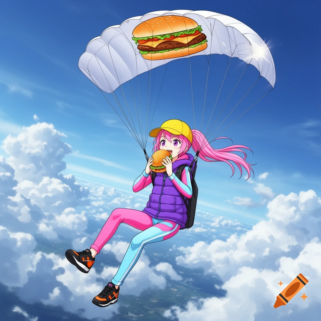 An anime girl with pink hair and a yellow cap parachutes in a blue sky with white clouds, eating a burger. A large burger graphic is on her parachute.