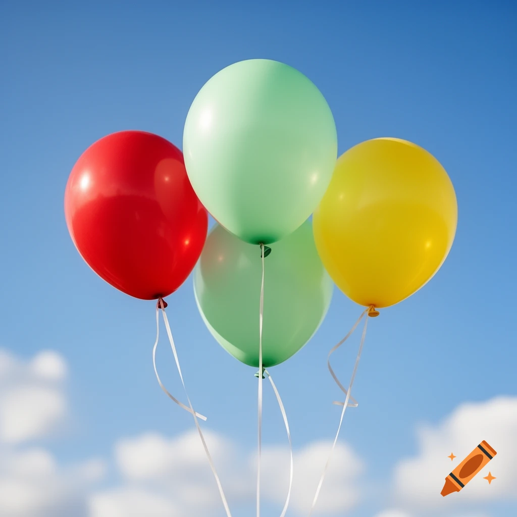 Four colorful balloons, red, green, and yellow, float against a clear blue sky with soft white clouds.