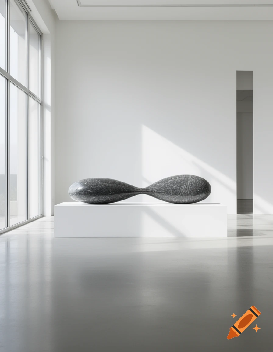 A dark, elongated, modern sculpture with a textured surface, resting on a white pedestal in a bright, minimalist art gallery.