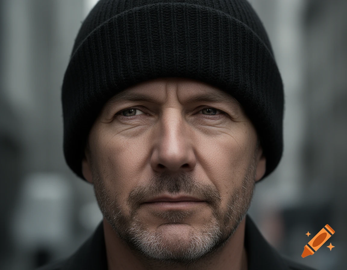 Close-up photorealistic portrait of a middle-aged man with a short beard wearing a black beanie.