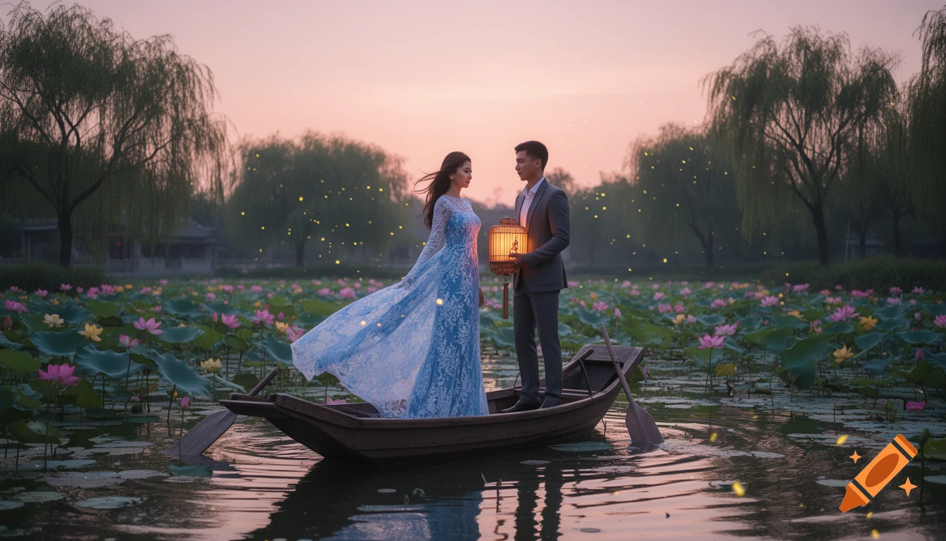 A couple stands in a boat on a lotus pond at dusk, surrounded by fireflies. The man holds a glowing lantern.