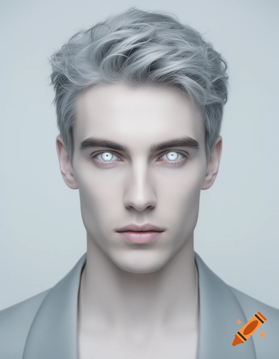Close-up portrait of a male with pale skin, light gray hair, and glowing white eyes, wearing a gray jacket. Photorealistic style.